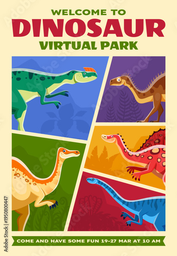 Dinosaur amusement park poster. Paleontology dinosaurs theme park vector poster or flyer, Jurassic era reptiles banner with Kileskus, Plateosaurus, Deinocheirus and Ouranosaurus cartoon characters