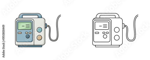 Medical infusion pump in flat color and linear style blue and beige colors electronic healthcare equipment for hospital patient drug delivery on white background