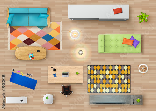 Top view interior furniture. Home office or cabinet room plan, furniture realistic vector top view layout. House or apartment living room floorplan with work table, sofa, TV stand and fitness mat
