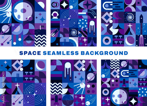 Galaxy space seamless patterns with modern geometric Bauhaus elements. Cosmos vector background with Bauhaus pattern. Space seamless print with purple and blue satellite, rocket spaceship and planets