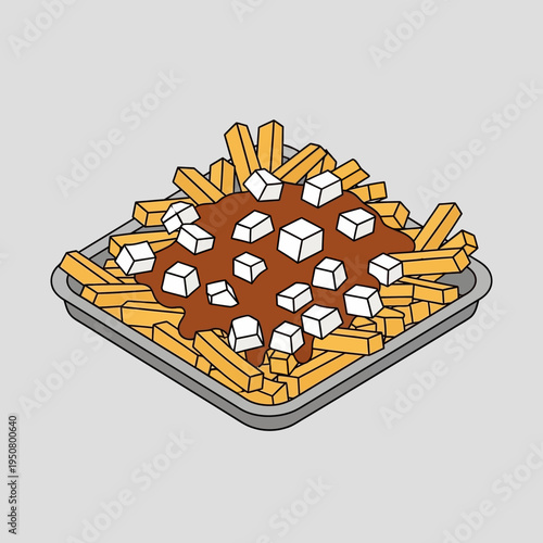Isometric view of a tray of poutine, a Canadian dish with fries, gravy, and cheese curds.