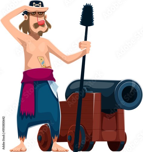 Cartoon pirate sailor character of gunner man with cannon, vector funny personage. Caribbean pirate or corsair seaman in sailor hat with Jolly Roger crossbones, holding ship cannon barrel brush