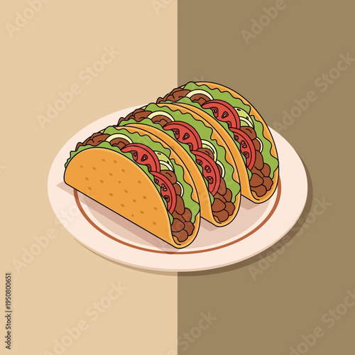 Three delicious tacos filled with meat, tomatoes, lettuce, and onions, served on a plate.