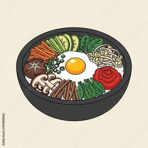 A vibrant and detailed illustration of a traditional Korean bibimbap dish in a stone bowl.