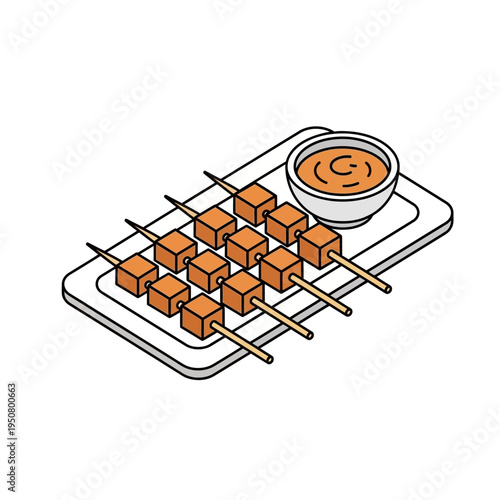 Isometric view of a plate of tofu skewers with a small bowl of dipping sauce.