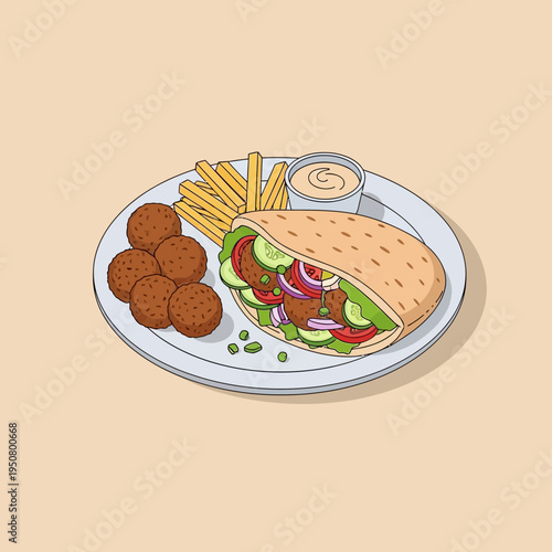 A plate of falafel, fries, and a pita sandwich with vegetables and sauce.