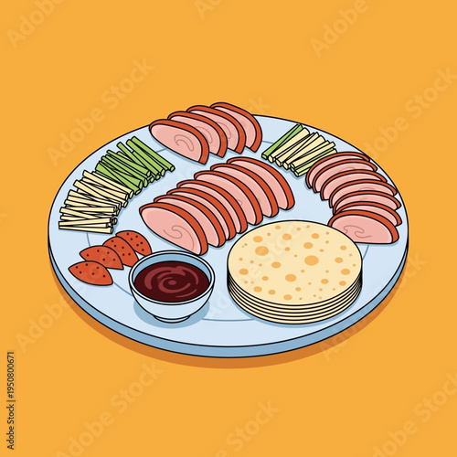 A plate of Peking duck with pancakes, scallions, and sauce, ready to eat.