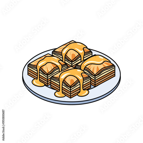 Close-up of a plate with four pieces of baklava drizzled with syrup.