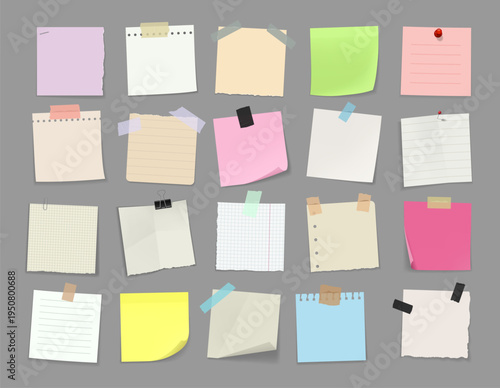 Memo note paper with adhesive tape, pins and clips. Vector note paper sheets, graph and lined notebook pages, notepad stickers with torn edges and sticky tape, scrapbooking and school stationery set