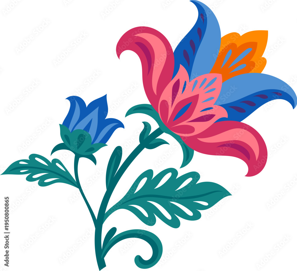 Naklejka premium Mexican folklore traditional abstract flower element with pink and blue buds. Mexico folk nature decor, Latin American culture plant isolated vector object. Mexican flower decoration or element