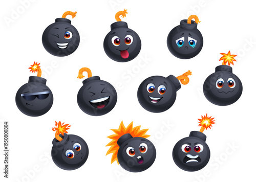 Cartoon funny bomb mascots and characters with emotions, emoji personages. Grenade funny vector personage, dynamite cheerful mascot. Bomb character with happy smiling, crying, laughing and angry face
