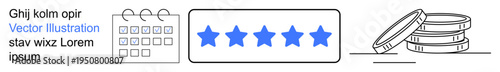 Feedback, online reviews, customer satisfaction, scheduling, planning, financial strategy. Set of calendar, five-star rating and stack of coins. Feedback and online reviews conceptual design