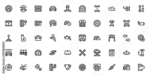 Car Repair icon set. Vector automotive tools and parts collection. Includes steering wheel, tire, engine, mechanic, garage, tools, battery, repair and more. Editable stroke.