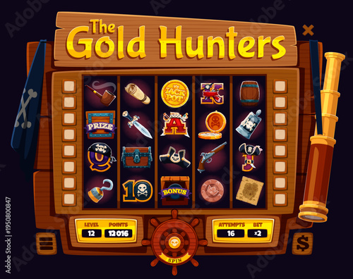 Online casino slot machine with pirate and corsair icons, vector gambling game board UI. Pirate slot machine game board of online casino with cartoon corsair treasure map, chest and jack pot gold coin
