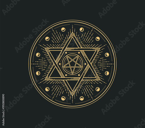 Mystical, magic and astrology occult symbol with glowing golden Star of David in sacred circle, radiating light and surrounded by crescent moons. Esoteric vector symbol for spiritual talisman