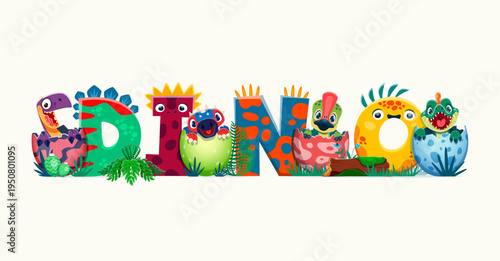 Dino kids in egg shell funny cartoon typography. Paleontology reptiles kids funny vector personages. Prehistoric dinosaurs funny typography with newborn baby dinosaurs characters in egg shells
