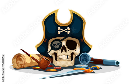 Pirate captain skull with eye patch in tricorn hat, vector treasure map, dagger, coins and compass. Cartoon evil skull of dead pirate skeleton with smoking pipe and pistol. Medieval piracy mascot