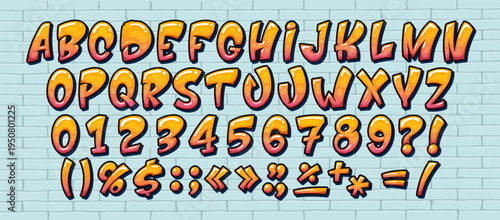 Street art graffiti font, urban typeface letters of english alphabet vector typography set. Cartoon spray paint abc type on old brick wall texture background. Hip hop graffiti letters and numbers font