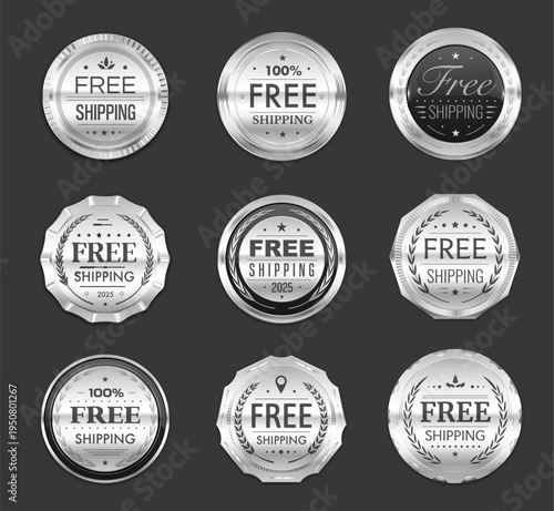 Free shipping silver badges and labels, award seals and medals with laurel wreaths. Vector delivery service award medals, shipment, freight and free shipping guarantee round shape seal badges set