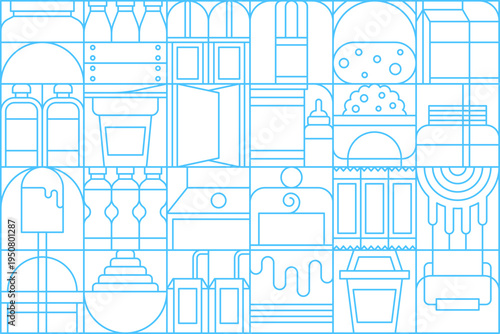 Modern dairy and milk geometric pattern with products in abstract shapes, vector background. Milk food pattern of geometric mosaic cheese, yogurt with ice cream dessert or butter with cottage cheese