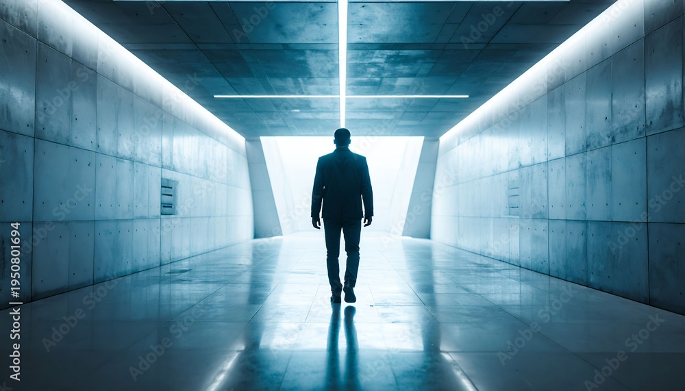 Fototapeta premium Man walking towards bright light at the end of a futuristic corridor