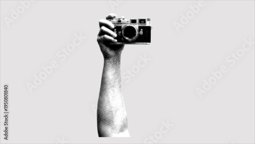 Minimal Halftone Hand Holding Camera Illustration, Retro Black and White Photography Concept, Creative Abstract Visual Art