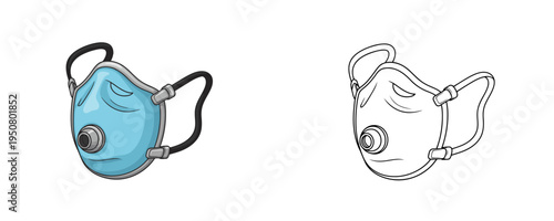 Medical oxygen mask in flat color and linear style blue and grey colors respiratory healthcare equipment for hospital ventilation or anesthesia use on white background