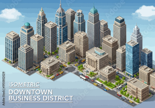 Isometric Downtown Business District A Detailed Bird's-Eye View of a Bustling Urban Metropolis