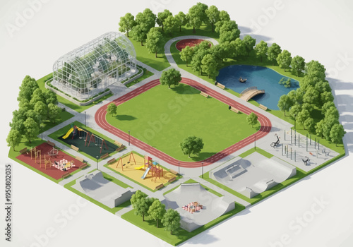 Recreational Park Layout with Diverse Amenities and Green Spaces