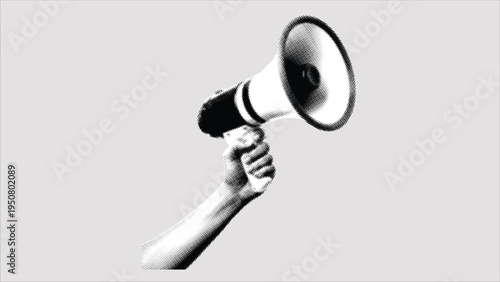 Minimal Halftone Hand Holding Megaphone, Loudspeaker Announcement Concept, Retro Black and White Protest Communication Illustration