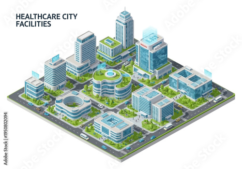 Modern healthcare city facilities and urban medical buildings isometric illustration