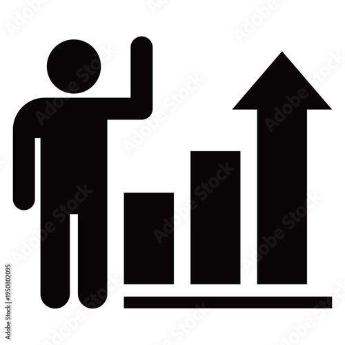 人物と上昇する棒グラフのビジネスアイコン（プレゼン・成果・成功・モノクロ・シルエット）