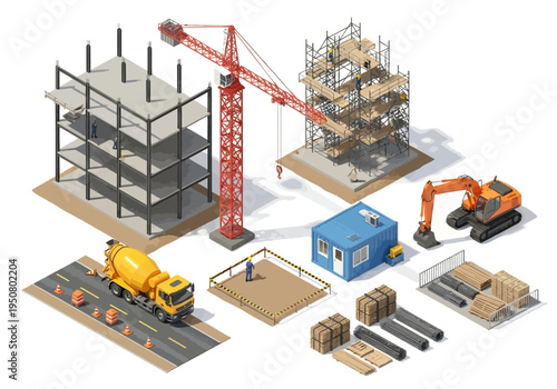 Construction site elements and machinery, including cranes, excavators, and concrete mixers, illustrating building process