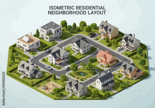 Isometric residential neighborhood layout illustration with diverse houses and community spaces