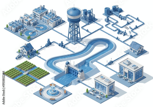 Diagram illustrating the process of water treatment and distribution to urban and agricultural areas