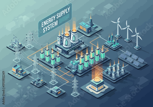 Isometric illustration of a modern energy supply system with renewable sources and power plants