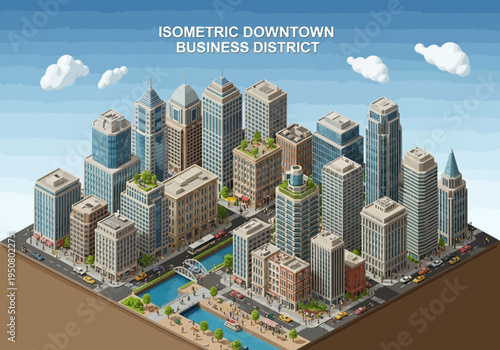 Isometric Downtown Business District with Skyscrapers, Roads, and Waterways