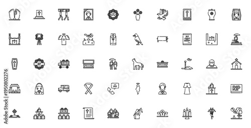 Funeral icon set. Vector symbols for death, burial, cemetery, coffin, grave, wreath and mourning. Includes deceased, hearse, church, angel, skull and more.