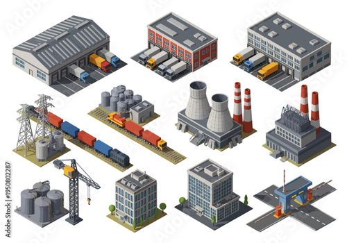 Isometric industrial buildings and transport elements collection vector illustration