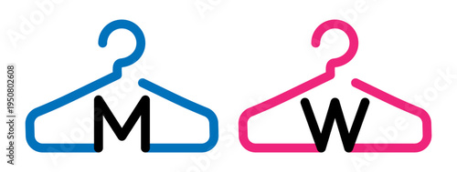 Changing room pictograms with hanger outline icons and M W labels. Wayfinding symbols for wardrobe, cloakroom or fitting area in retail, fitness, spa and public interiors. 