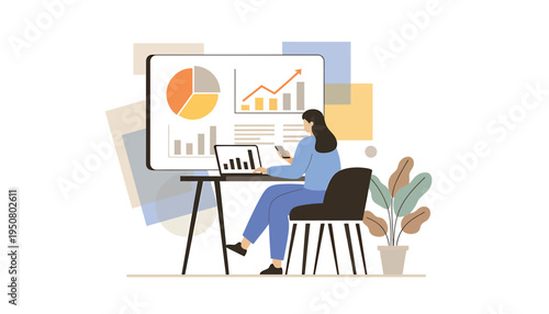 Vector illustration of woman presenting business data on whiteboard