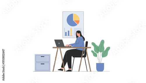 Vector illustration of woman working on laptop at desk with office supplies