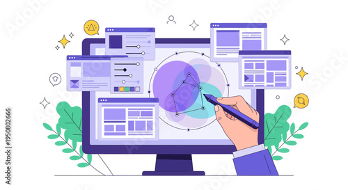 Vector illustration of hand designing user interface on computer screen