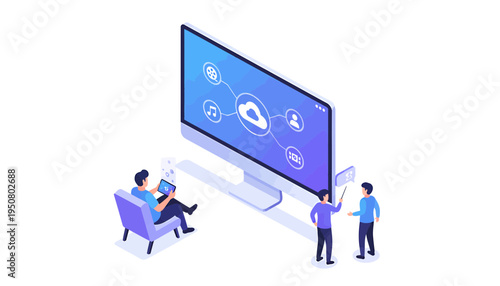 Vector illustration of people interacting with a large computer monitor