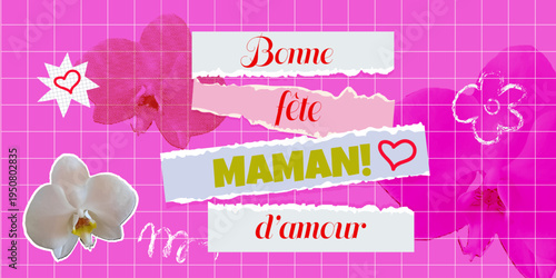 Mothers Day collage poster with French greeting text Fete des Meres in retro y2k scrapbook style. Floral holiday layout with torn paper elements, suitable for greeting card, social media post