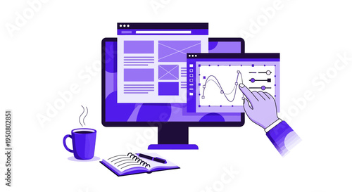 Vector illustration of workspace with computer, tablet, notebook and coffee cup
