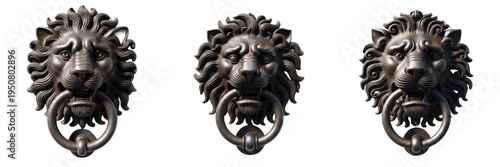 Set and collection of antique bronze lion head door knockers with metal rings for vintage home decor isolated on white transparent png background
