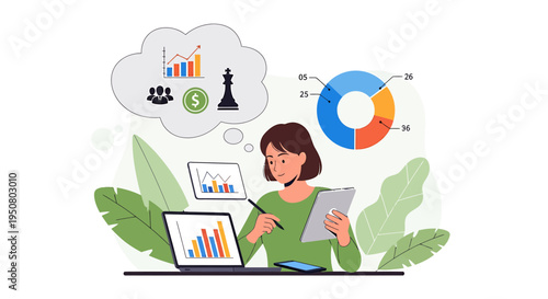 Vector illustration of businesswoman analyzing data on laptop and tablet