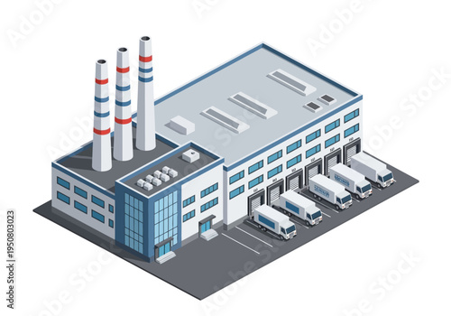 Industrial building with loading docks and trucks, modern factory exterior view for logistics and manufacturing business concept