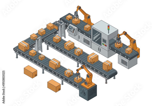 Automated robotic arm system moving boxes along conveyor belts in a modern factory